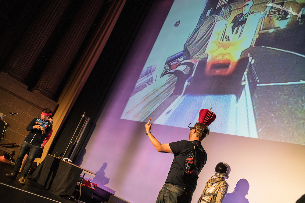 Norman Chan and Will Smith test the William Tell 2 segment. Tested.com live show, Oct 23, 2015, Castro Theater, San Francisco.