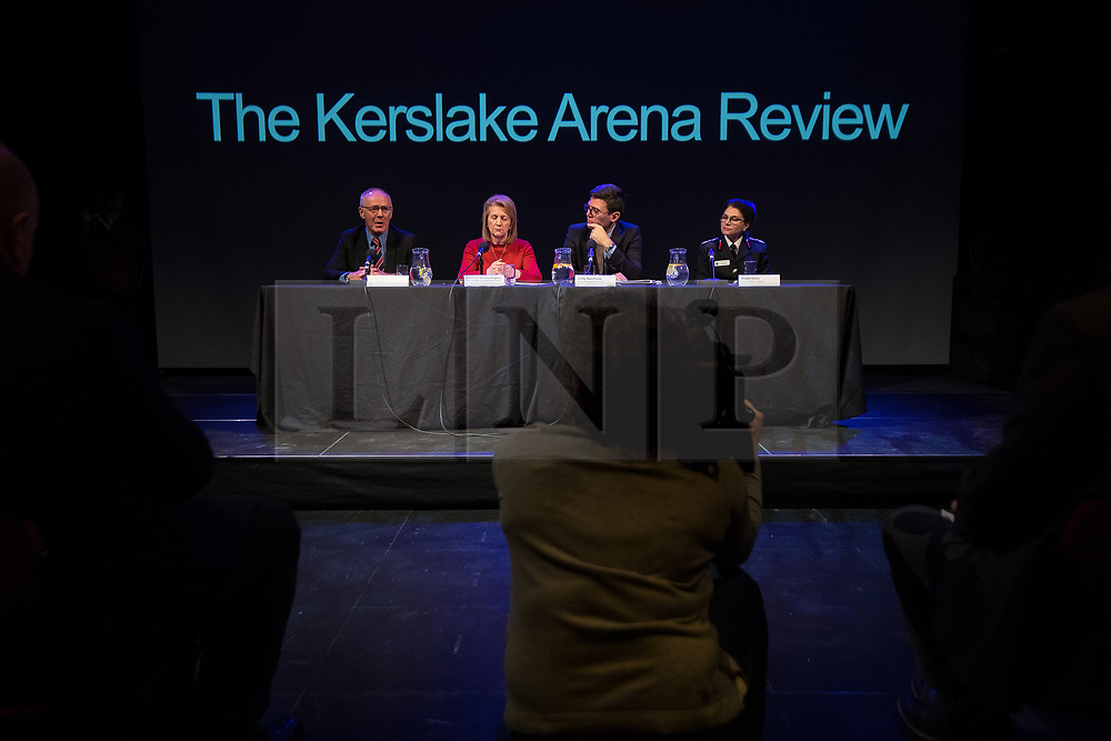 © Licensed to London News Pictures. 27/03/2018. Salford, UK. SIR RICHARD LEESE , Deputy Mayor and Mayor of Greater Manchester BEV HUGHES and ANDY BURNHAM and GMFRS's DAWN DOCX . The Kerslake Report in to the terrorist bombing of an Ariana Grande concert at the Manchester Arena on 22nd May 2017 , ordered by Greater Manchester Metro Mayor Andy Burnham , is published at a press conference at the University of Salford , at Media City . Amongst praise for many connected with the events, the report also highlights failings in communication at Greater Manchester Fire and Rescue on the night and disreputable behaviour by some sections of the media in the aftermath of the attack . Photo credit: Joel Goodman/LNP