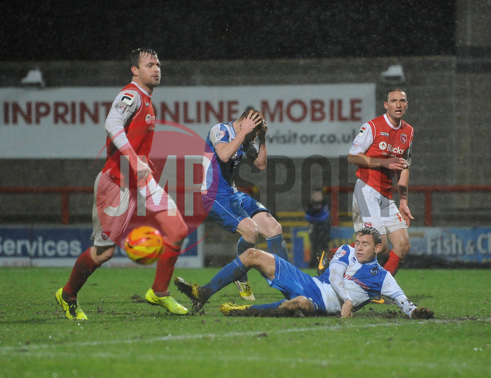 Bristol Rovers' Eliot Richards' header goes wide - Photo mandatory by-line: Dougie Allward/JMP - Tel: Mobile: 07966 386802 14/12/2013 - SPORT - Football - Morecombe - Globe Arena - Morecombe v Bristol Rovers - Sky Bet League Two