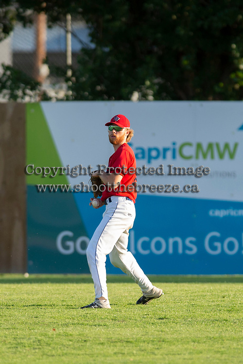 KELOWNA, BC - JULY 17: Brandon Hupe #18 of the Kelowna Falcons throws the ball from the outfield against the Wenatchee Applesox at Elks Stadium on July 17, 2019 in Kelowna, Canada. (Photo by Marissa Baecker/Shoot the Breeze)