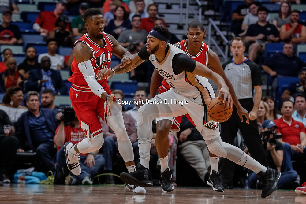 Oct 3, 2017; New Orleans, LA, USA; New Orleans Pelicans forward Anthony Davis (23) is defended by Chicago Bulls guard David Nwaba (11) during the first half of a NBA preseason game at the Smoothie King Center. Mandatory Credit: Derick E. Hingle-USA TODAY Sports
