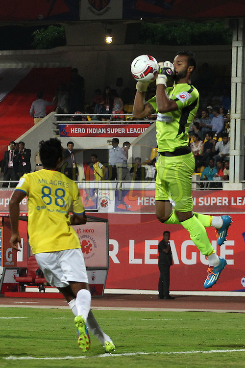 FC Pune City goalkeeper Arindam Bhattacharya during match 17 of the Hero Indian Super League between FC Pune City<br />
and Kerala Blasters FC held at the Shree Shiv Chhatrapati Sports Complex Stadium, Pune, India on the 30th October 2014.<br />
<br />
Photo by: Ron Gaunt/ ISL/ SPORTZPICS