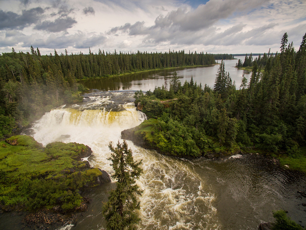 Canada, Manitoba, Pisew Falls Provincial Park, Aerial view of waterfall on the Grass River in boreal forest