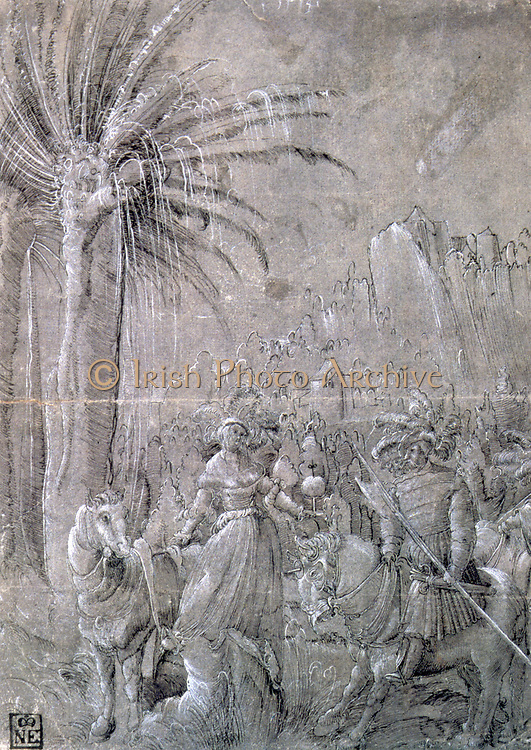 David and Abigail'. Bible Samuel 25:34. Master of the History (active 1510). Pen, grey ink, white highlights on grey paper.