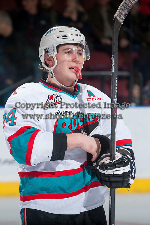 KELOWNA, CANADA - FEBRUARY 6: Tyson Baillie #24 of Kelowna Rockets skates the bench against the Calgary Hitmen on February 6, 2016 at Prospera Place in Kelowna, British Columbia, Canada. (Photo by Marissa Baecker/Shoot the Breeze) *** Local Caption *** Tyson Baillie;