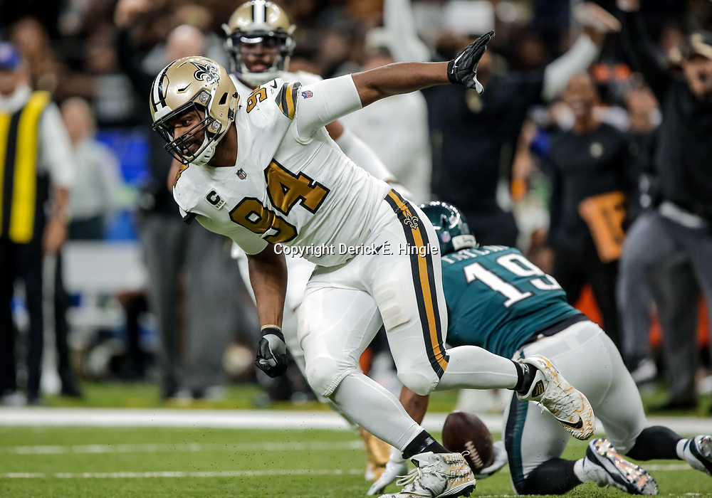 Nov 18, 2018; New Orleans, LA, USA; New Orleans Saints defensive end Cameron Jordan (94) tackles Philadelphia Eagles wide receiver Golden Tate (19) during the second half at the Mercedes-Benz Superdome. Mandatory Credit: Derick E. Hingle-USA TODAY Sports