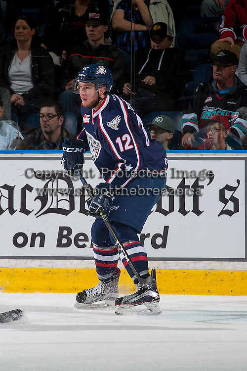 KELOWNA, CANADA - MARCH 4: Jordan Topping #12 of the Tri-City Americans skates against the Kelowna Rockets on March 4, 2017 at Prospera Place in Kelowna, British Columbia, Canada. (Photo by Marissa Baecker/Shoot the Breeze) *** Local Caption ***