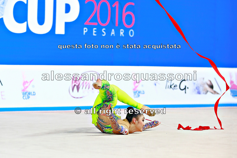 Hayakawa Sakura during qualifying at ribbon in Pesaro World Cup 2 April, 2016. Sakura is a Japan rhythmic gymnastics athlete born March 17, 1997 in Osaka, Japan. She appeared in Senior competitions in the 2013 season.