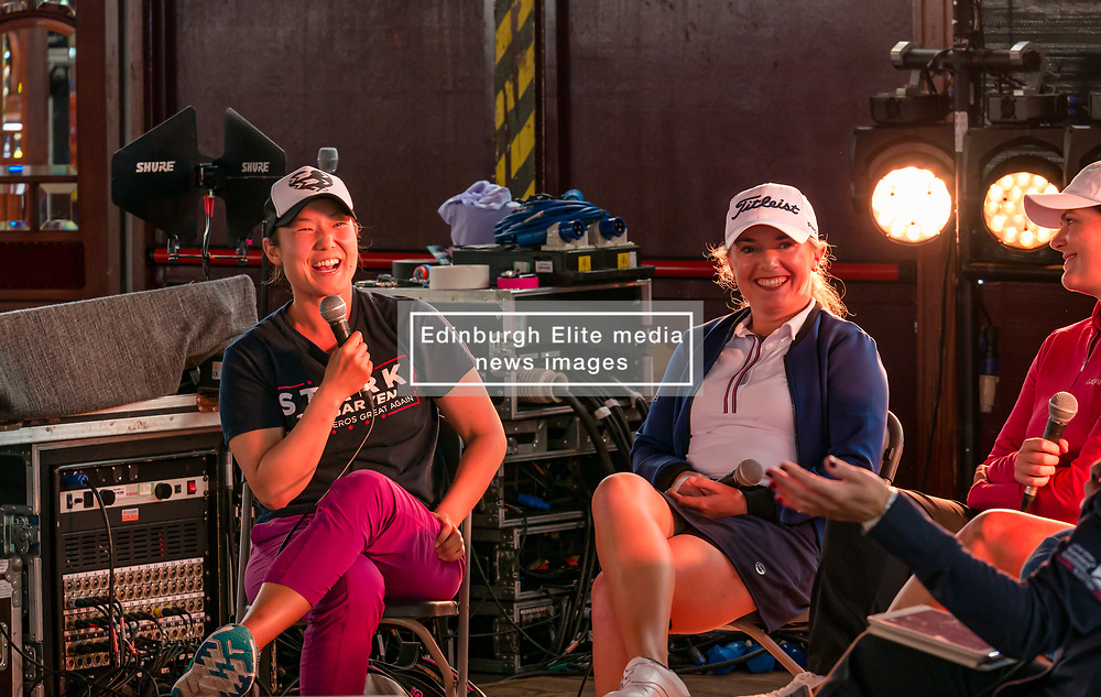 Pictured: Fringe by the Sea, North Berwick, East Lothian, Scotland, United Kingdom, 06 August 2019. Top female golfers competing in the Aberdeen Standard Investments Ladies Scottish Open this week appear on a panel and take questions from the audience, as part of a podcast called On the Dance Floor. Pictured: from L to R Tiffany Joh (USA), Bronte Law (UK).<br />
<br />
Sally Anderson | EdinburghElitemedia.co.uk