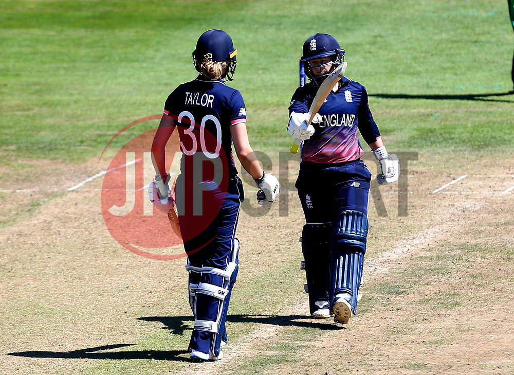 Tammy Beaumont of England Women raises her bat in celebration of reaching 50 - Mandatory by-line: Robbie Stephenson/JMP - 05/07/2017 - CRICKET - County Ground - Bristol, United Kingdom - England Women v South Africa Women - ICC Women's World Cup Group Stage
