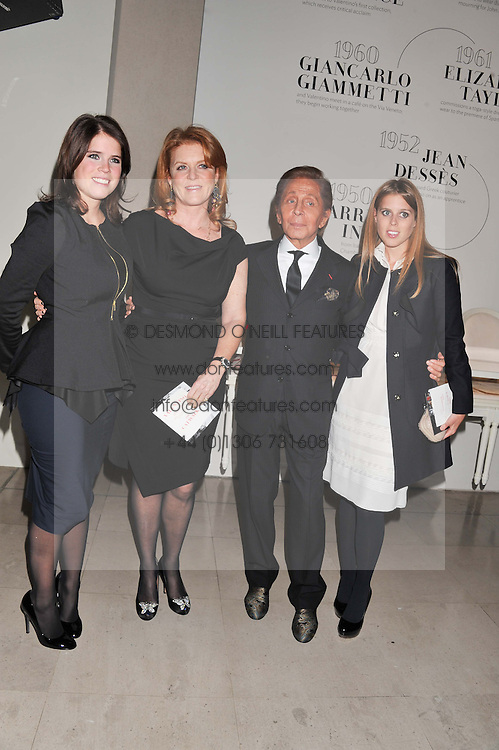 Left to right, PRINCESS EUGENIE OF YORK, SARAH, DUCHESS OF YORK, VALENTINO and PRINCESS BEATRICE OF YORK at a private view of 'Valentino: Master Of Couture' at Somerset House, London on 28th November 2012.