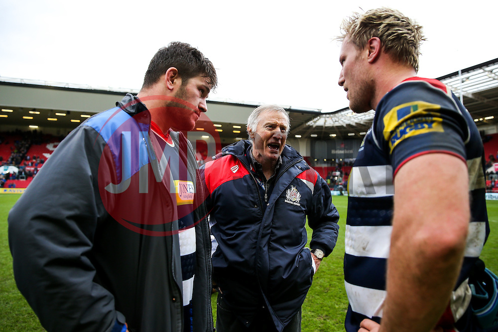 Assistant coach Alan Solomons talks to Marc Jones and Jordan Crane (c) of Bristol Rugby after Bristol Rugby win 12-11 - Rogan Thomson/JMP - 26/02/2017 - RUGBY UNION - Ashton Gate Stadium - Bristol, England - Bristol Rugby v Bath - Aviva Premiership.