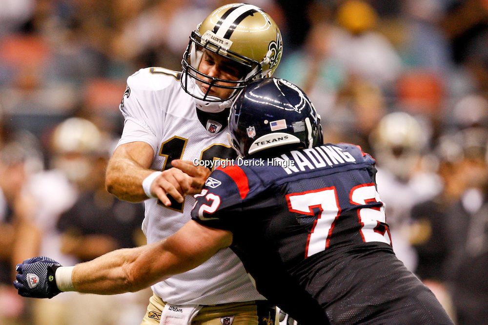 August 21, 2010; New Orleans, LA, USA; Houston Texans defensive end Jesse Nading (72) hits New Orleans Saints quarterback Chase Daniel (10) after he throws during the second half of a 38-20 win by the New Orleans Saints over the Houston Texans during a preseason game at the Louisiana Superdome. Mandatory Credit: Derick E. Hingle