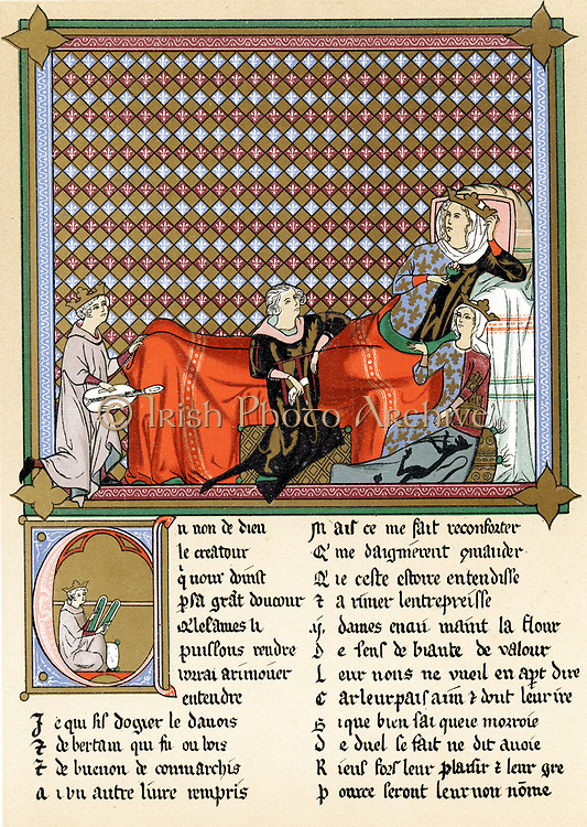 Adenet le Roi (c1240-c1300) 'King of the Minstrels' French poet and musician, reciting 'Roman de Cleomades' to Blanche of Castile (1188-1252) wife of Louis VIII of France, mother of Louis IX, granddaughter of Eleanor of Aquitaine and Mathilde de Brabant,