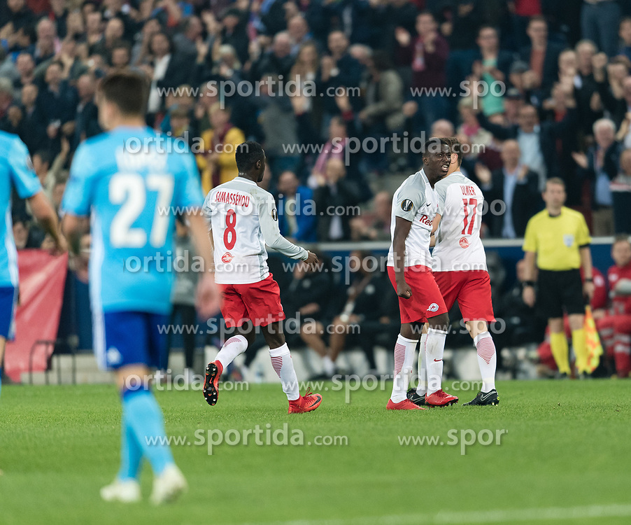 03.05.2018, Red Bull Arena, Salzburg, AUT, UEFA EL, FC Salzburg vs Olympique Marseille, Halbfinale, Rueckspiel, im Bild Torjubel zum 1:0 durch Amadou Haidara (FC Salzburg) // during the UEFA Europa League Semifinal, 2nd Leg Match between FC Salzburg and Olympique Marseille at the Red Bull Arena in Salzburg, Austria on 2018/05/03. EXPA Pictures © 2018, PhotoCredit: EXPA/ Stefan Adelsberger