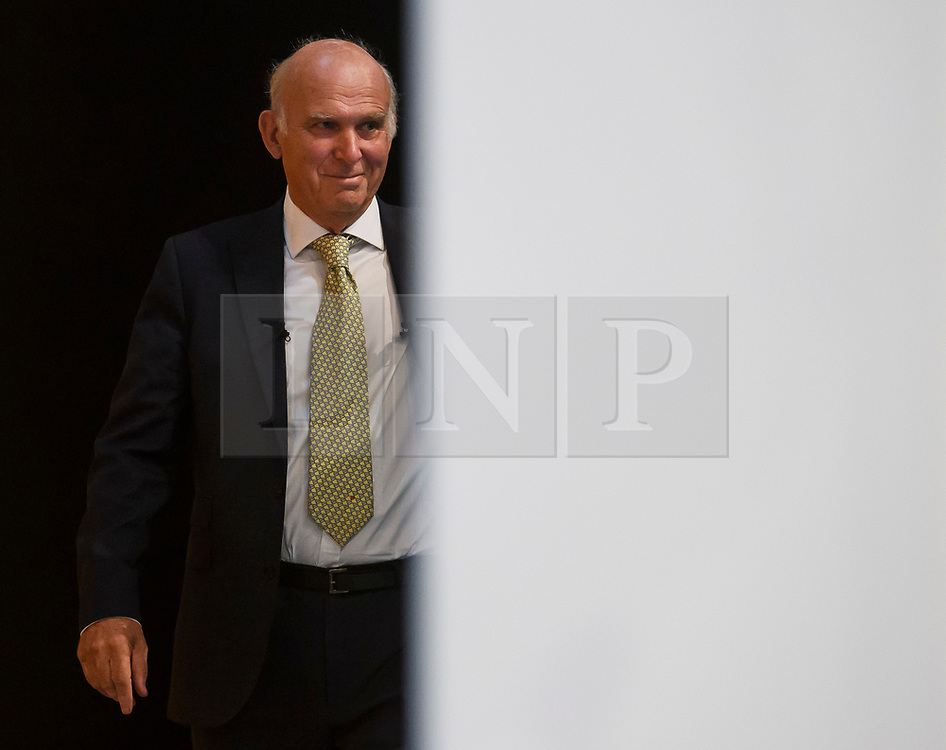 © Licensed to London News Pictures. 18/09/2018. Brighton, UK. Liberal Democrat leader VINCE CABLE arrives on stage to deliver his leaders speech on the final day of the Liberal Democrat Autumn Conference in Brighton, East Sussex on September 18, 2018. This years event has been mainly focused around Brexit, the UK's departure from the EU. Photo credit: Ben Cawthra/LNP
