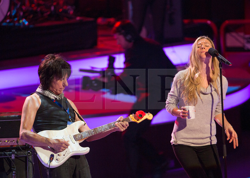 © Licensed to London News Pictures. 07/11/2014. London. Singer Joss Stone and guitarist Jeff Beck rehearse prior to todays Festival of Remembrance. First broadcast in 1927 the festival has now been held in the Royal Albert Hall for 87 years. Photo credit : Alison Baskerville/LNP