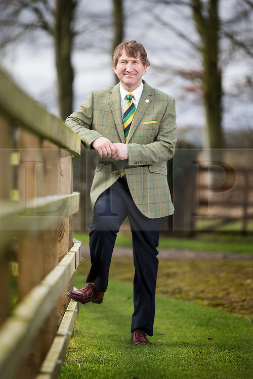 © Licensed to London News Pictures. 01/03/2016. Harrogate UK. The Yorkshire Agriculture Society has unveiled its new limited edition tweed jacket today, it incorporates the society's colours of green & gold and the exclusive design is called the Great Yorkshire Tweed. Just 300 of the jackets seen here being worn by Great Yorkshire Show director Charles Mills have been commissioned & will be on show & available to buy at the 158th Great Yorkshire Show in July. Photo credit: Andrew McCaren/LNP