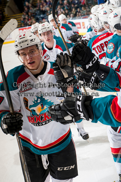 KELOWNA, CANADA - MARCH 1: Calvin Thurkauf #27 of the Kelowna Rockets celebrates a second period goal against the Prince George Cougars on MARCH 1, 2017 at Prospera Place in Kelowna, British Columbia, Canada. (Photo by Marissa Baecker/Shoot the Breeze) *** Local Caption ***