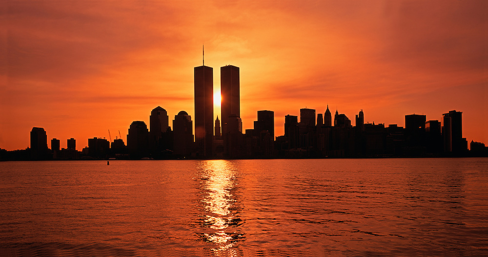 NYC, NY, Sunrise Between Twin Towers, World Trade Center, designed by Minoru Yamasaki, International Style II