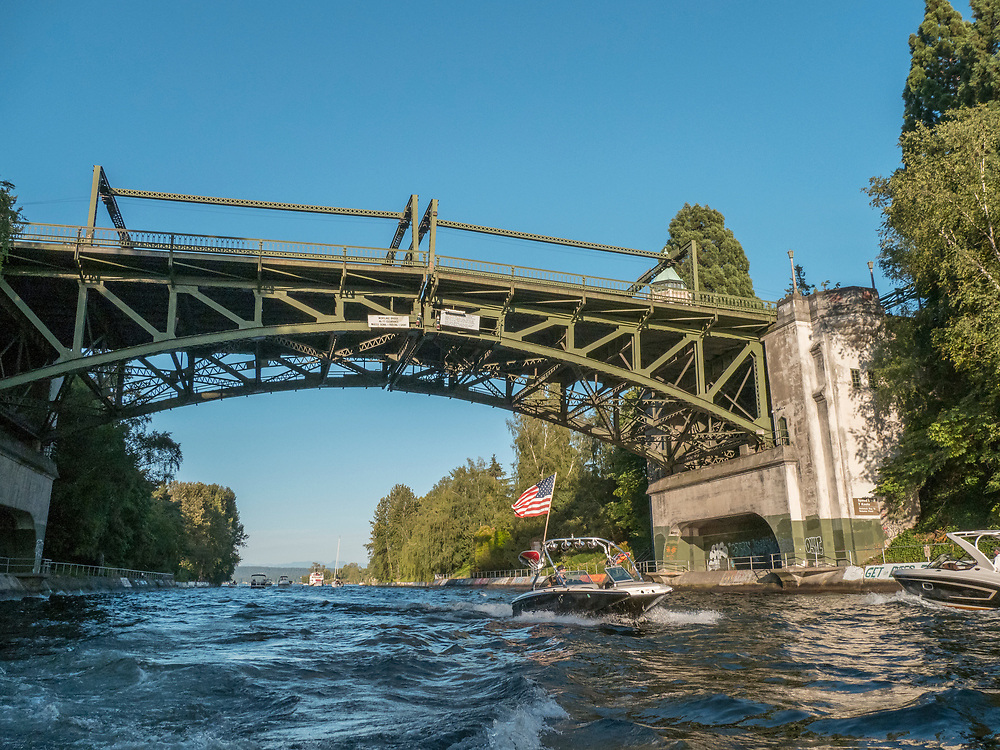 United States, Washington, Seattle, boat in Montlake Cut under Montlake Bridge