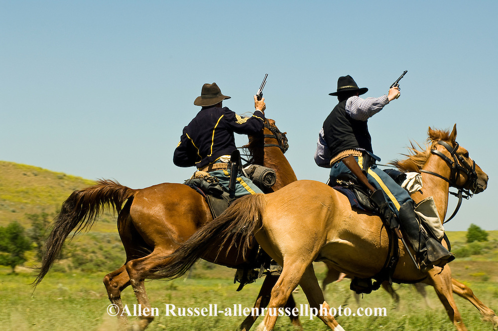 Custers Last Stand Reenactment, Battle of the Little Bighorn, Crow Indian Reservation, Montana, 7th Cavalry soldiers MODEL RELEASED