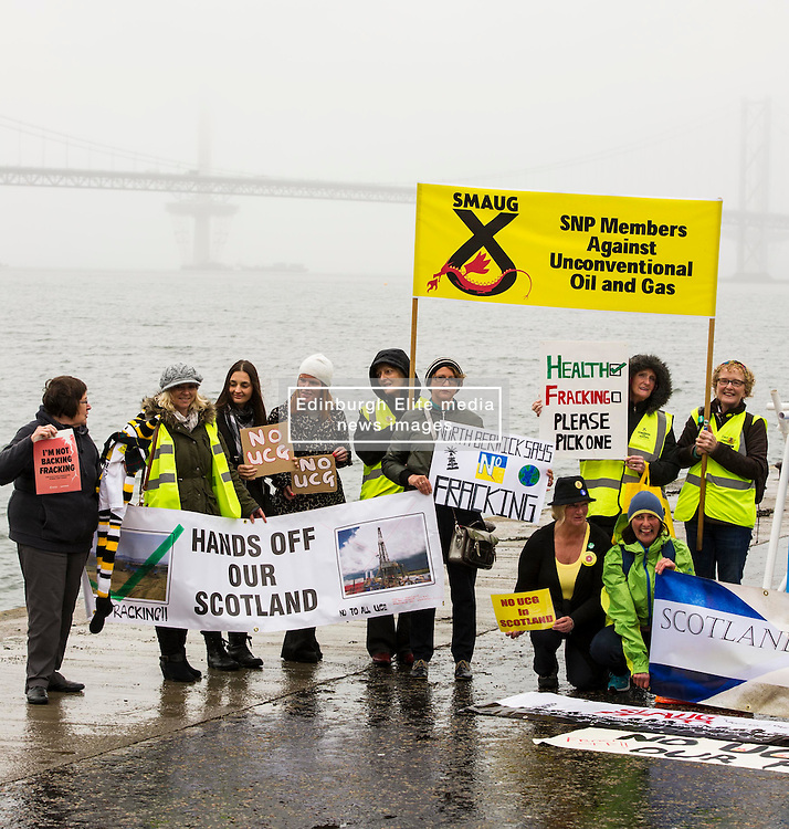 Environmental campaigners, Members of Hands Over Our Forth (HOOF), Scotland Against Fracking and SNP Members Against Uncoventional Gas gathered at the Forth Bidges todaye to unveil a banner ahead of Sunday's demonstration against coal gasification.<br />
© Ger Harley/ StockPix.eu
