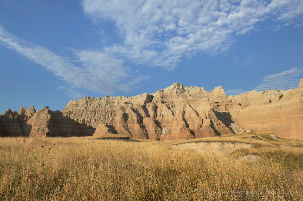 Badlands formations and mixed grass prairie grasses. Badlands National Park South Dakota