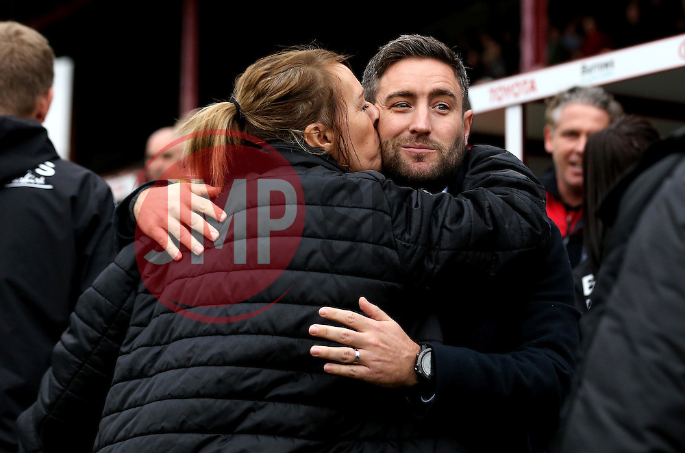Bristol City head coach Lee Johnson receives a kiss from a member of the Barnsley staff - Mandatory by-line: Robbie Stephenson/JMP - 29/10/2016 - FOOTBALL - Oakwell Stadium - Barnsley, England - Barnsley v Bristol City - Sky Bet Championship
