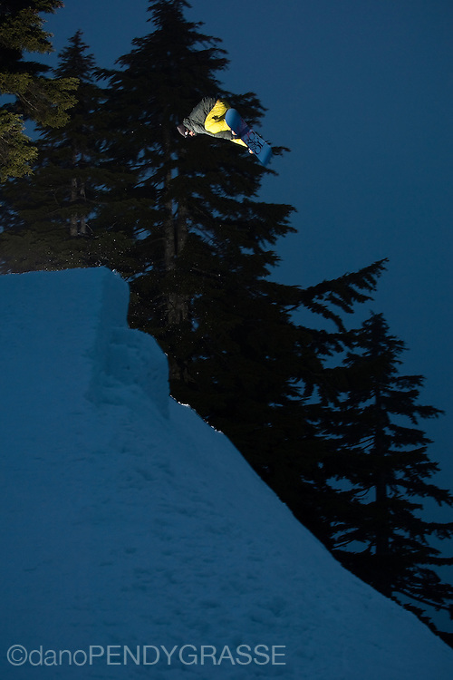 Professional snowboarder Mathieu Crepel rides at Mt. Seymour, near Vancouver, British Columbia, Canada.