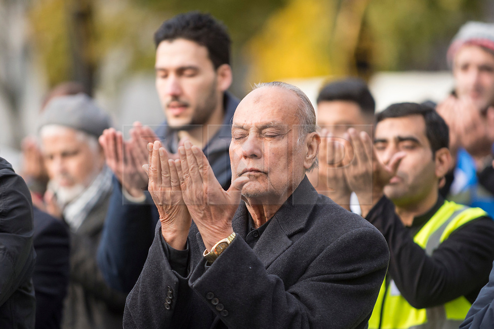 © Licensed to London News Pictures. 04/11/2018. LONDON, UK. Members of the Muslim community pray by Marble Arch ahead of taking part in the Arbaeen Procession. The event coincided with a multi-faith release of white doves for world peace. Photo credit: Stephen Chung/LNP