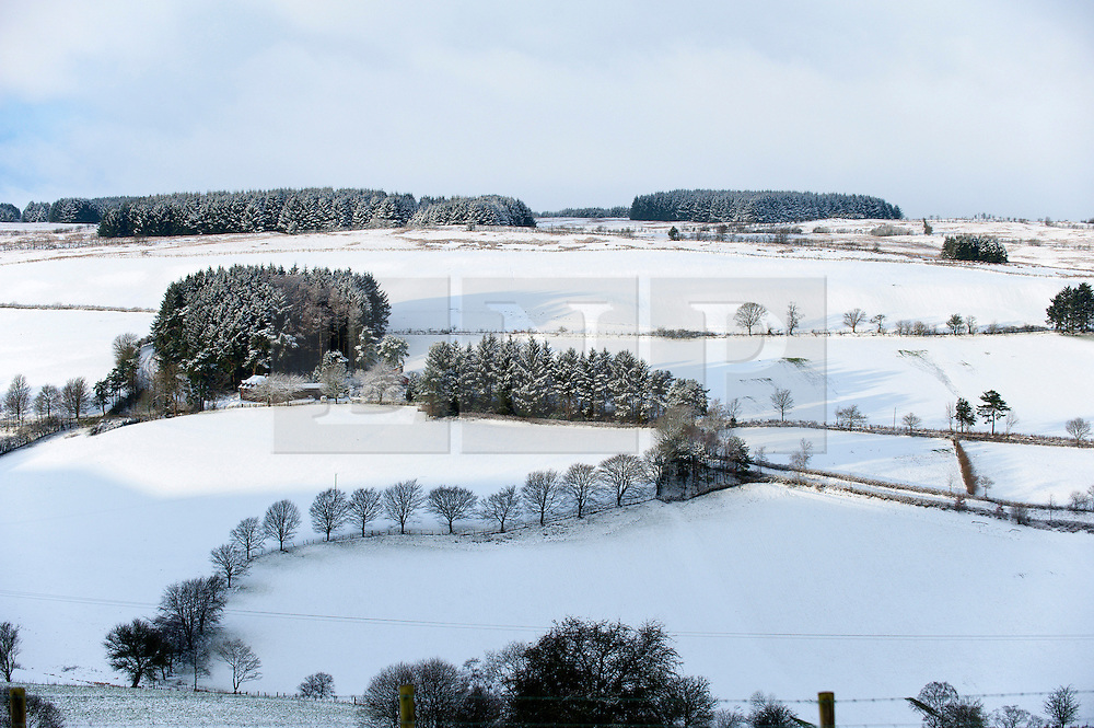 © Licensed to London News Pictures. 17/01/2015. Trees make a question mark in the snowy winter landscape. There was overnight snowfall on high land in Mid Wales. Mynydd Epynt, Powys , Wales, UK. Photo credit: Graham M. Lawrence/LNP