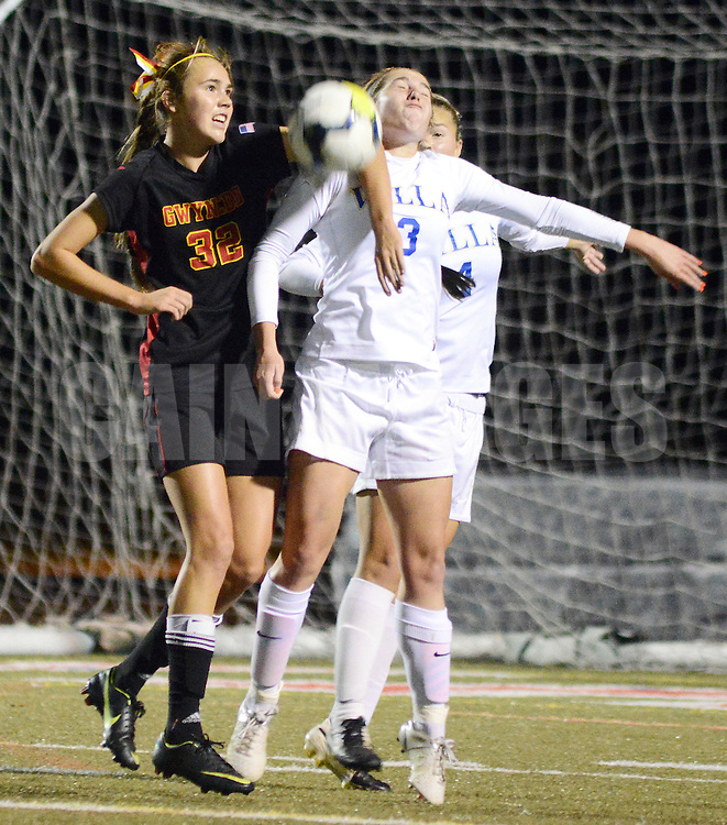 Gwynedd Mercy Academy's Mary Claire Casey #32 collides with Villa Joseph Marie's Bella Hill #3 in the first half Wednesday November 4, 2015 at Souderton High School in Franconia, Pennsylvania. (Photo by William Thomas Cain)