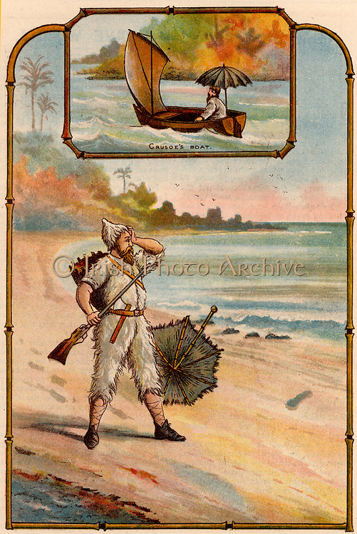The Life and Strange Surprising Adventures of Robinson Crusoe' by Daniel Defoe. First published in 1719, it is claimed to be the first English novel. Crusoe, having spent 15 years on the island without seeing another human, is astonished to see a footprint on the shore. From 'Bubbles' c1900 published by Dr Barnados Homes for Children. Oleograph.