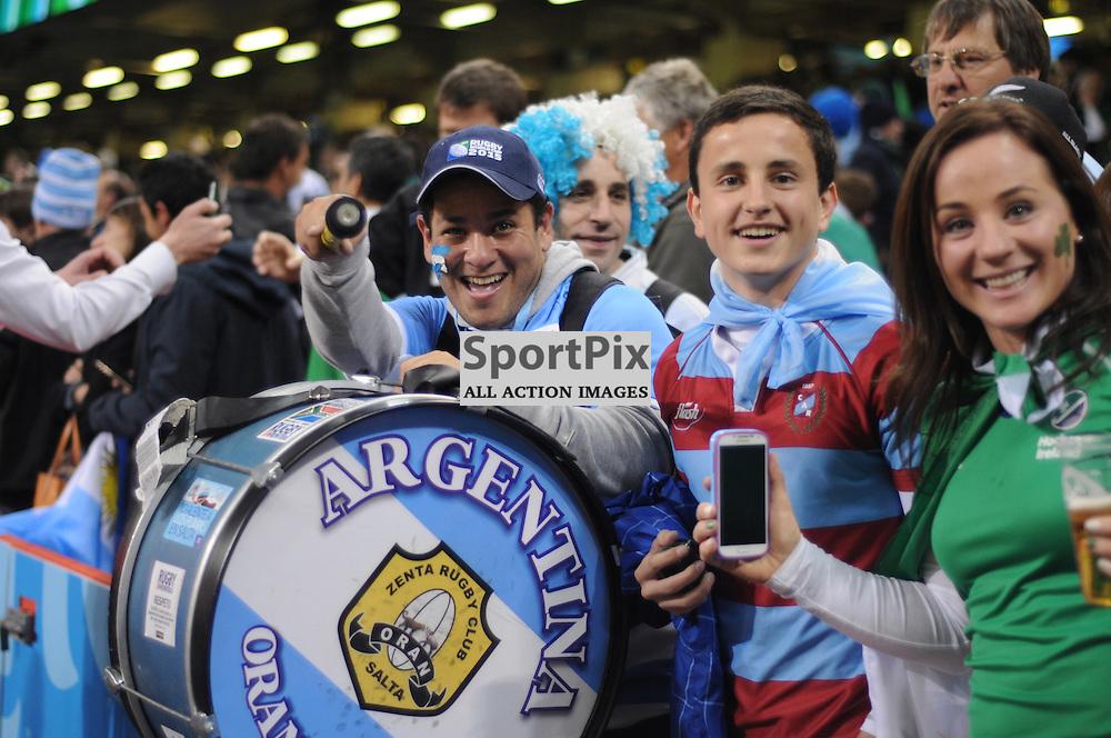 Argentina fans celebrate at the end of the IRB RWC 2015 Quarter Final match between Ireland and Argentina at Millenium Stadium on Sunday 18 October 2015, Cardiff, England. (c) Ian Nancollas | SportPix.org.uk