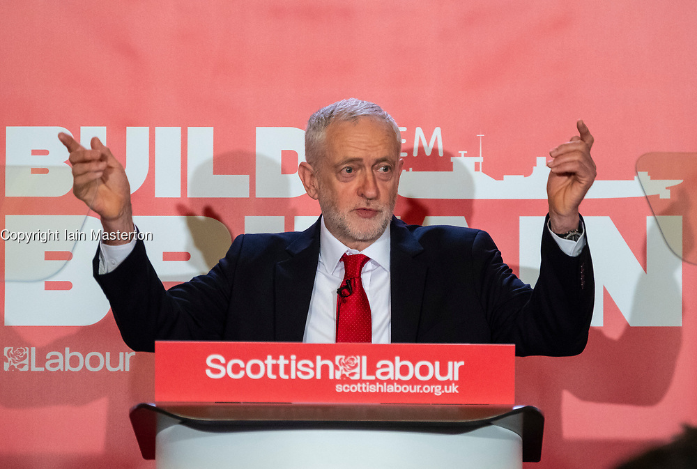 Glasgow, UK. 11 May, 2018. Labour Leader Jeremy Corbyn giving a speech in Govan, Glasgow in which he said that a Labour government will proactively support UK shipbuilding as part of a wider industrial strategy and called on the Conservative Government to guarantee three new Royal Fleet Auxiliary vessels will be built in domestic shipyards.